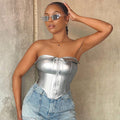 European and American Lapel Bustier PU Leather Boned Zipper Top