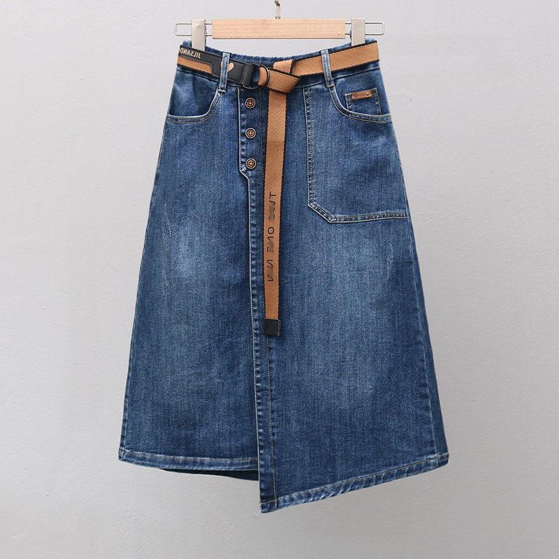 Plus size summer irregular A- line slimming skirt fashionable elastic waist all-match denim skirt women's fashionable midi skirt