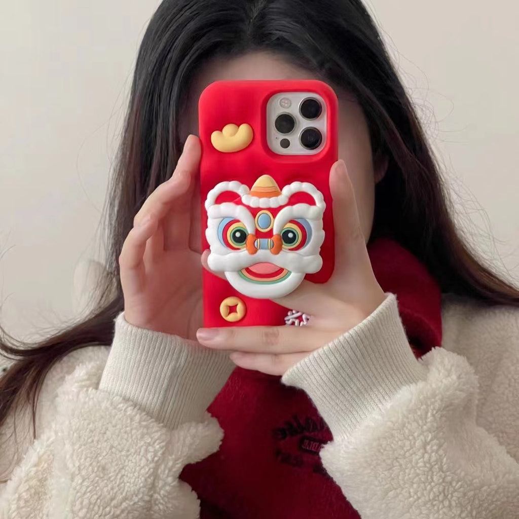 Three-dimensional cartoon New Year red lion dance Apple phone case iPhone12promax female 13Pro bracket
