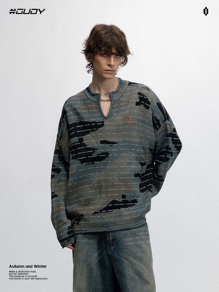 # OVDY autumn and winter warm sweater Computer Jacquard techniques small V-neck camouflage sweater outerwear for men and women