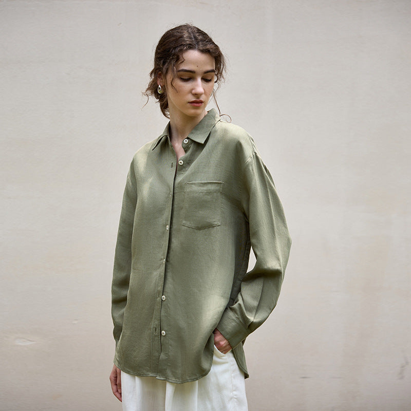Tencel linen natural texture long-sleeved women's shirt coat autumn and winter French style temperament wind waist belt linen shirt