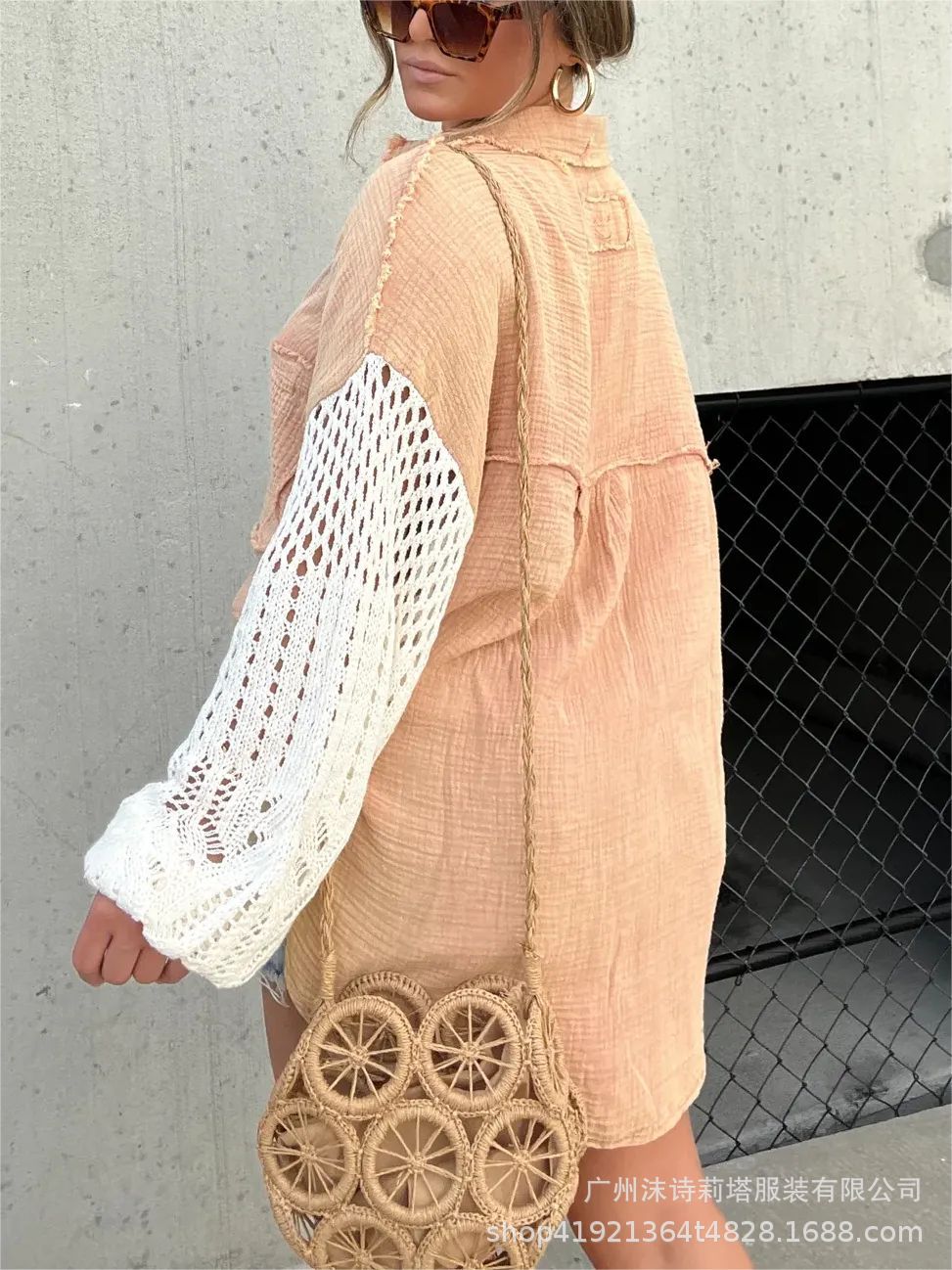 New Crepe Long Sleeve Blouse with Lace Trim for Women |tops