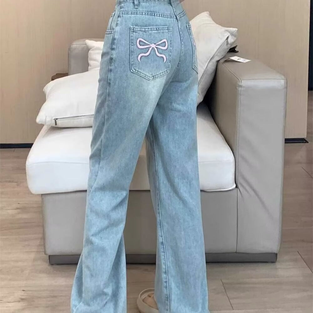 Bowknot embroidered jeans for women 2024 Summer new thin high waist slimming loose straight wide-leg pants autumn