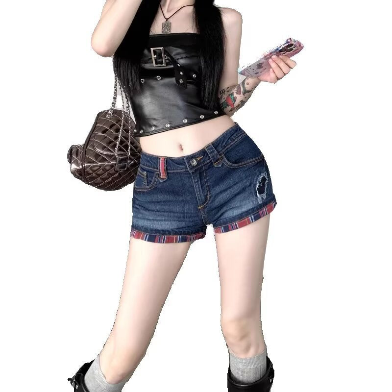 Hot Girl low waist Plaid contrast color tight worn design Denim shorts women's summer new small hot hip pants