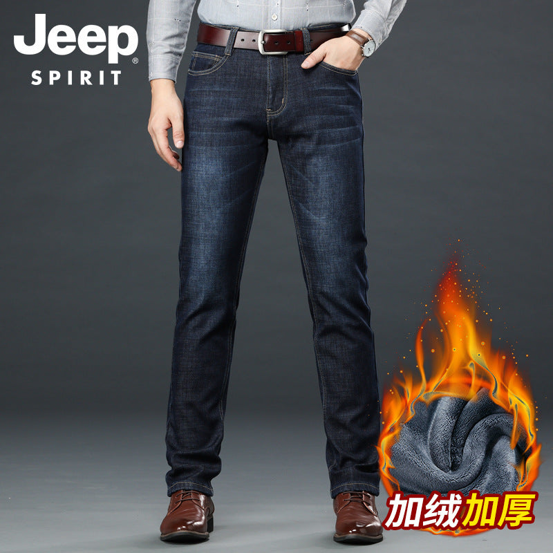 Autumn and winter fleece padded jeans men's business casual straight-leg jeans men's thick loose jeans men's pants 8005F