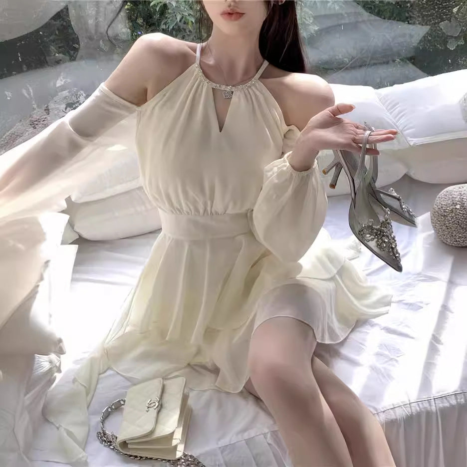 Original quality Bali early autumn halter dress slimming fairy ruffled chiffon yarn holiday beach dress