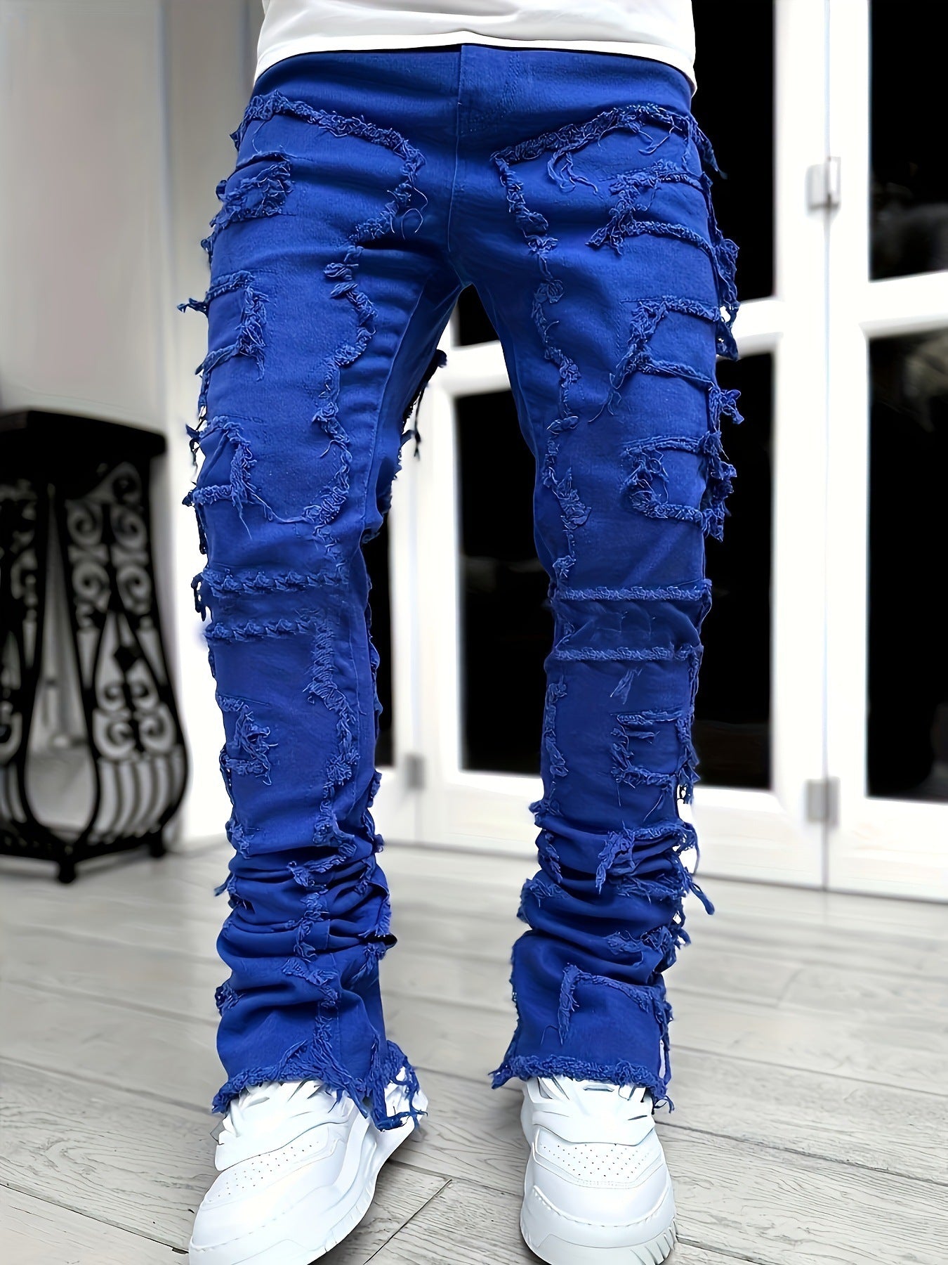 Mens Slim Straight Jeans with Elastic Waist Creative Jeans