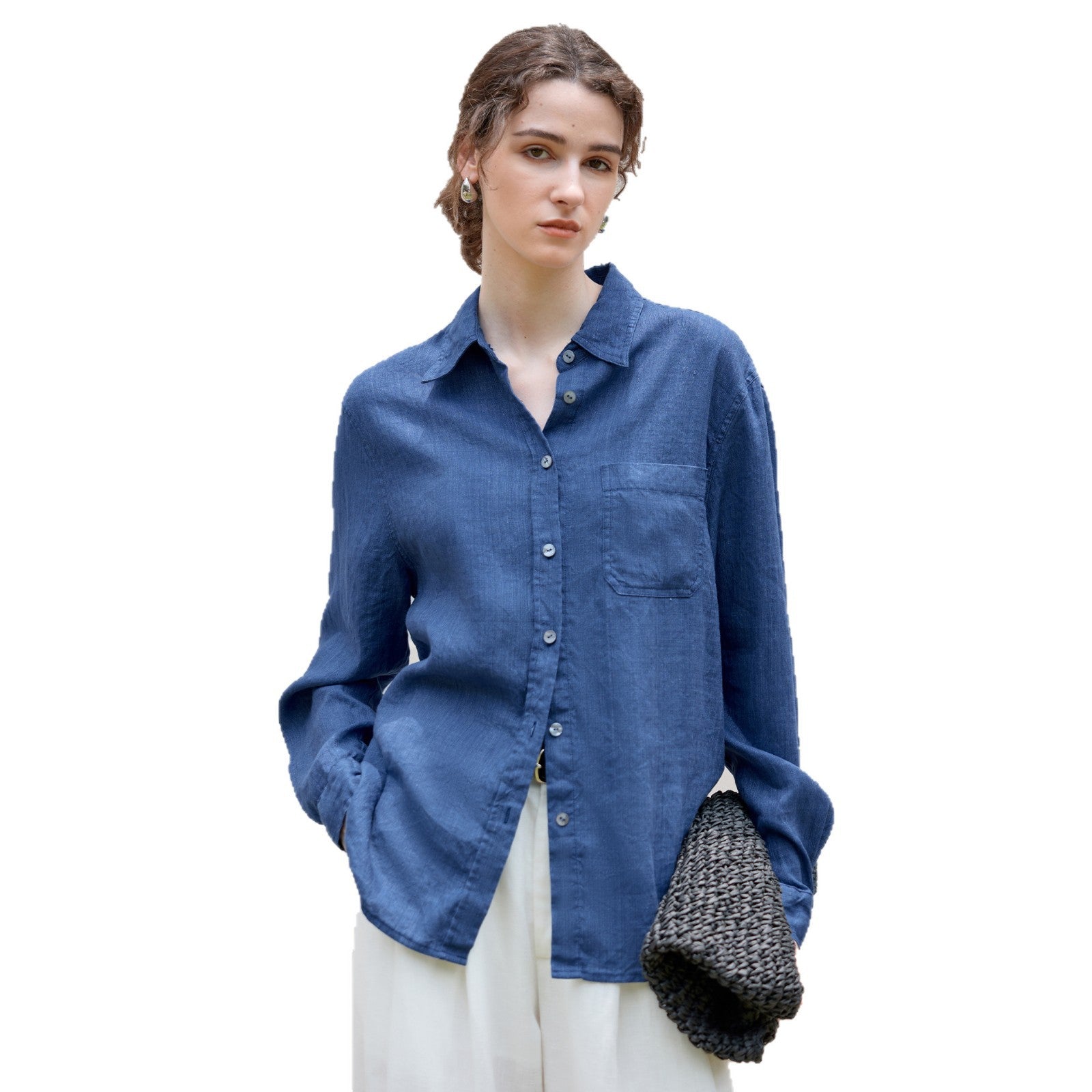 High-end long linen sleeves shirt Women's minimalist relaxed single-breasted Shirt autumn and winter New Tencel linen solid color top