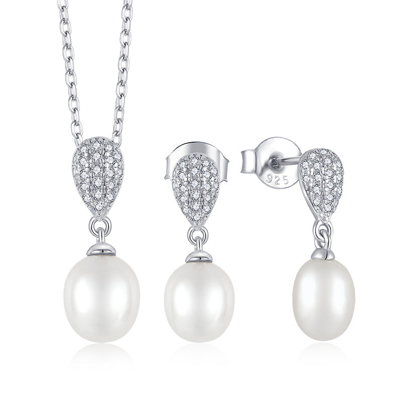 s925 sterling silver jewelry set earrings stud earrings inlaid zircon pearl necklace pendant foreign trade cross-border silver accessories processing