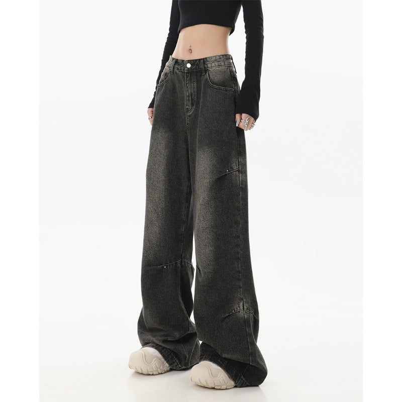 Maillard High Street washed straight jeans women's autumn and winter 2023 new high waist loose design wide-leg pants