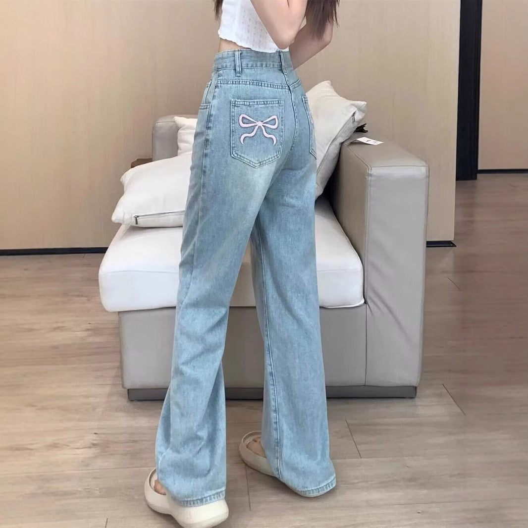 Bowknot embroidered wide-leg jeans for women 2025 Spring/Summer New High waist slimming high-rise all-matching straight pants