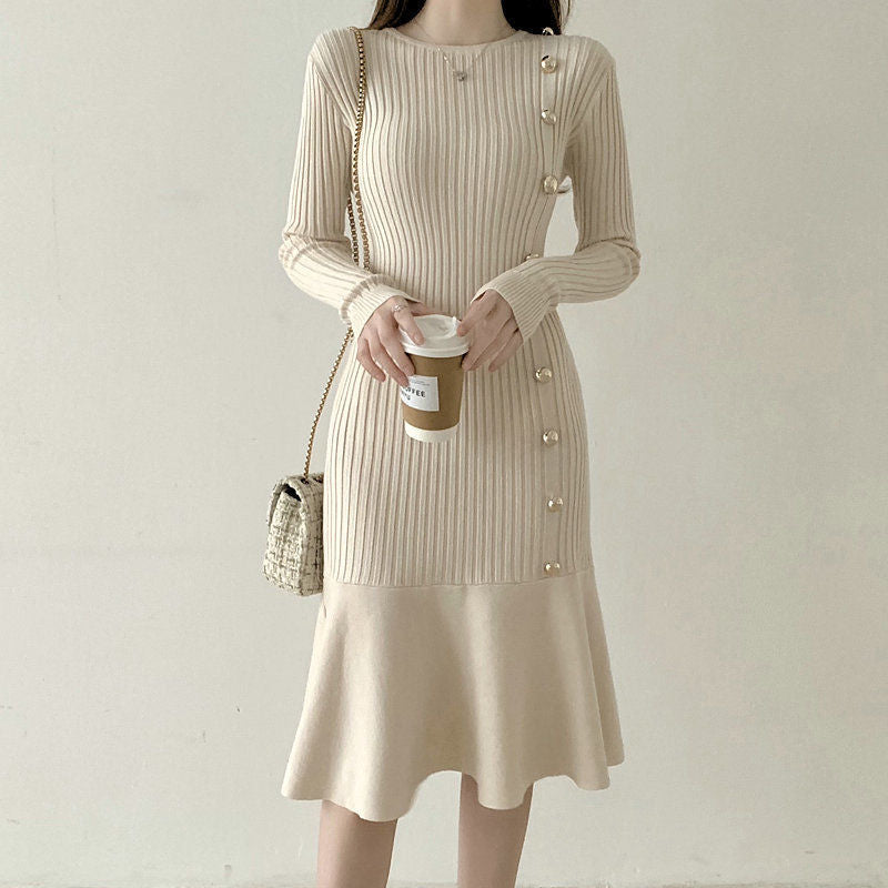Elegant fishtail knitted dress waist slimming women 2024 new spring and autumn new skirt solid color ladies' dress