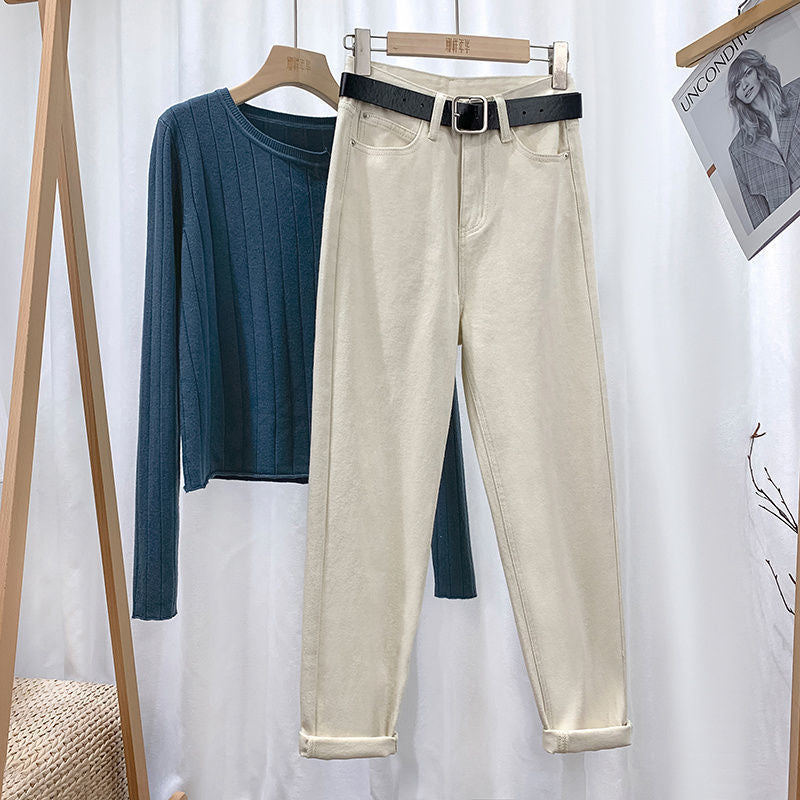 Harem jeans women's fashion trending retro high waist loose Korean style baggy pants all-matching straight ankle-length dad jeans