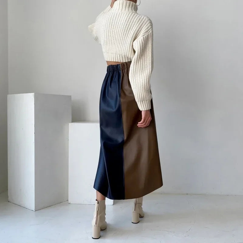 French chic retro temperament multi-color mosaic leather skirt spring and autumn women's clothing A- line skirt high-end mid-length dress