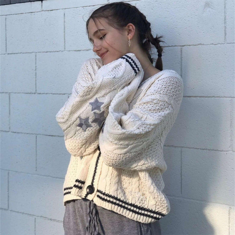 Autumn and Winter solid color women's long-sleeved cardigan temperament commute European and American batwing knitted creamy-white single-breasted sweater coat