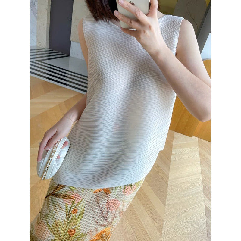 Art three 2024 Summer yellow green wood floral print skirt stretch split pleated skirt