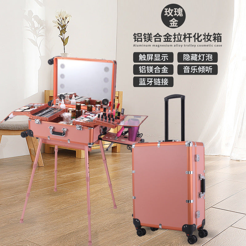 Aluminum Alloy trolley cosmetic case with lamp multi-functional tattoo beauty Bluetooth trolley case makeup artist toolbox