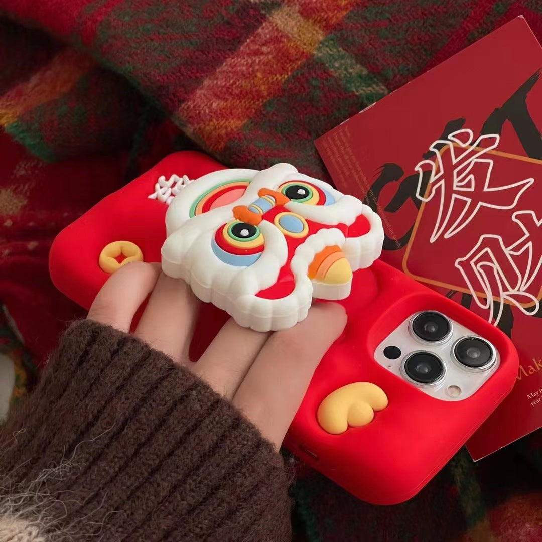Three-dimensional cartoon New Year red lion dance Apple phone case iPhone12promax female 13Pro bracket