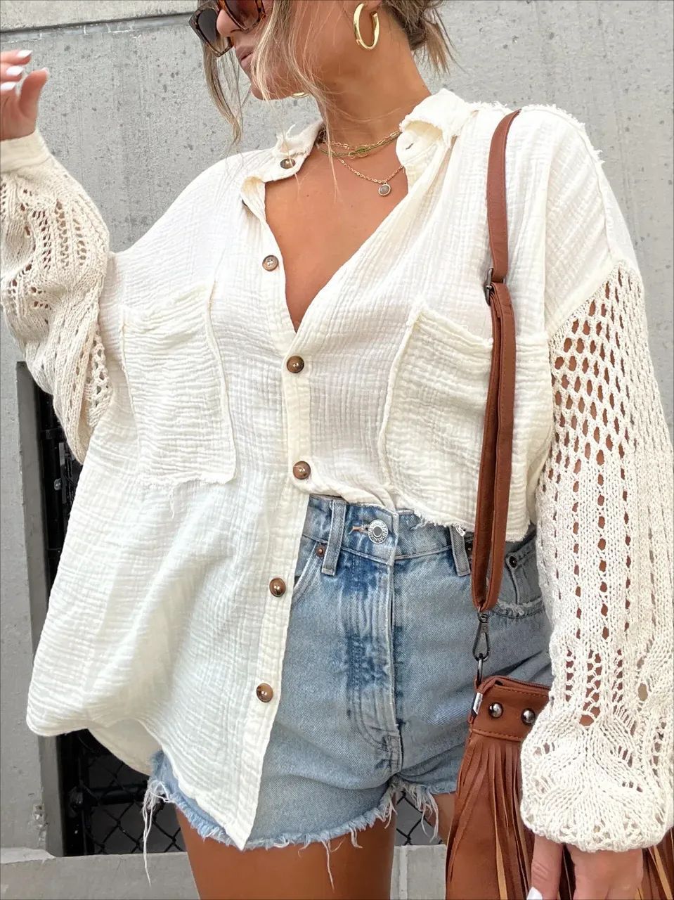 New Crepe Long Sleeve Blouse with Lace Trim for Women |tops
