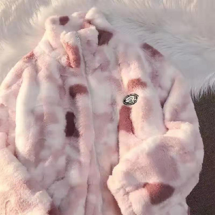 In stock wholesale tie-dyed lamb wool coat women's autumn and winter fleece-lined thickened zipper turtleneck fleece shirt Home Leisure pajamas