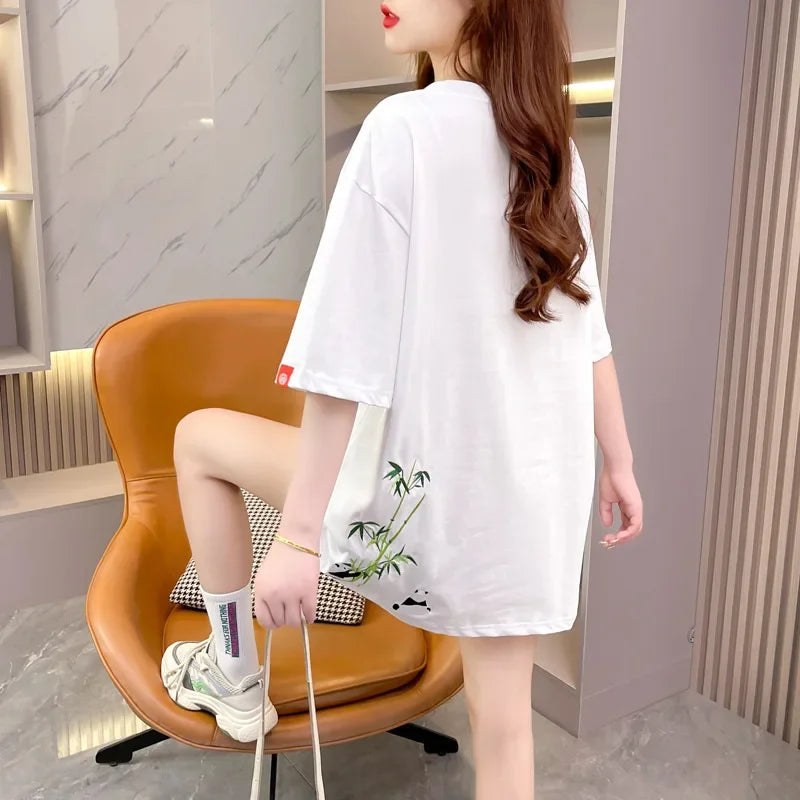 Fashion casual extra large size heavy industry panda bamboo embroidered cotton shoulder half sleeve summer round neck loose national style trendy T-shirt