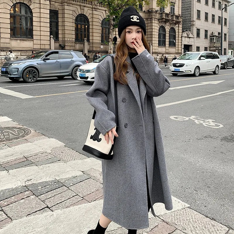 Pink reversible cashmere coat women 2023 autumn and winter New Korean style loose mid-length Hepburn style woolen coat