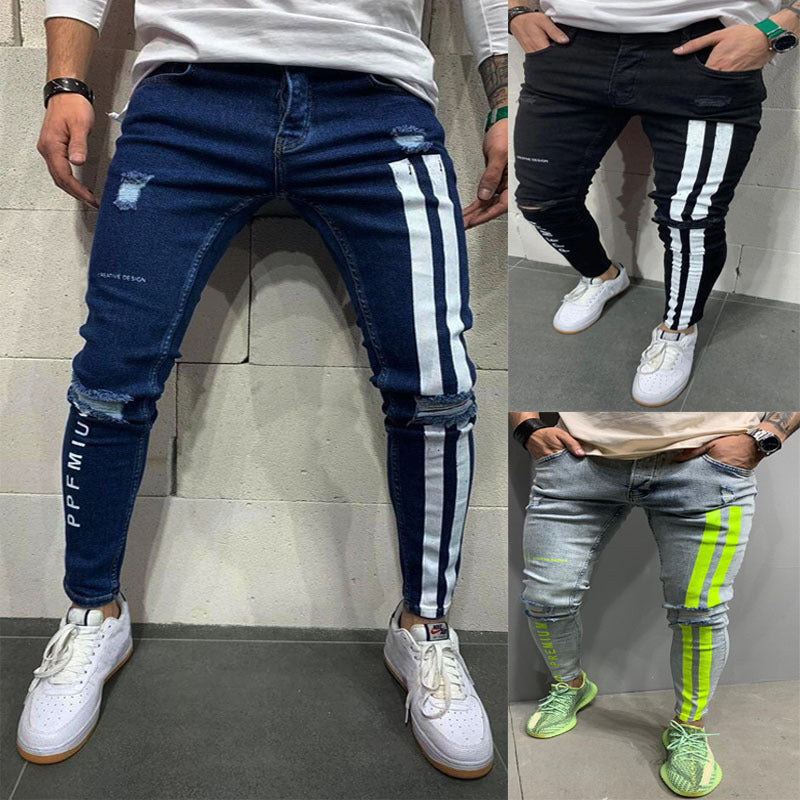 2021 European and American men's ripped stretch skinny jeans Amazon printed jeans men's New