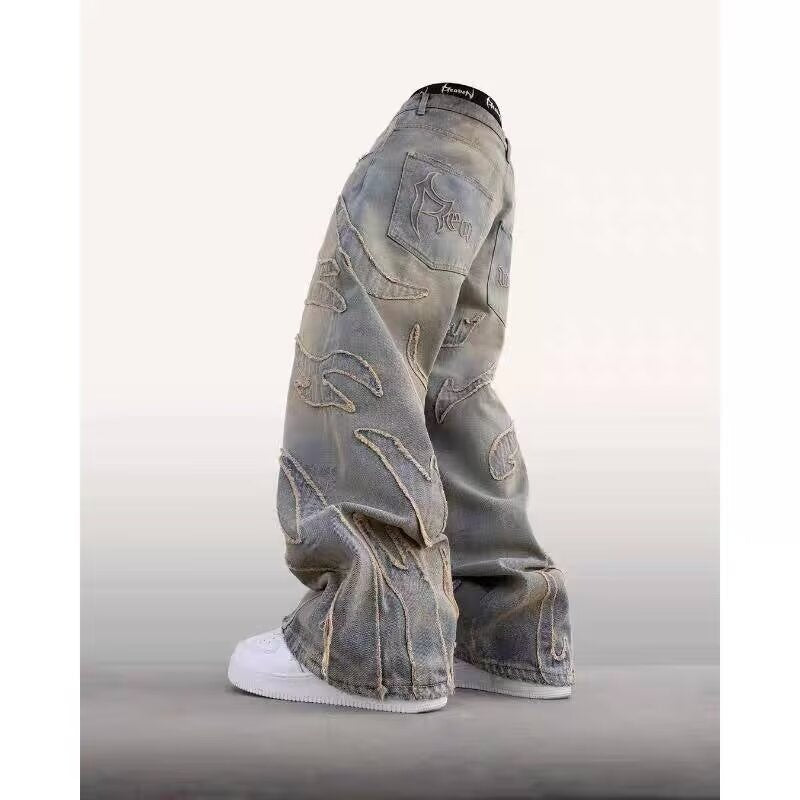 Streetwear jeans men women Harajuku embroidery vintage design loose jeans pants high waist wide leg pants