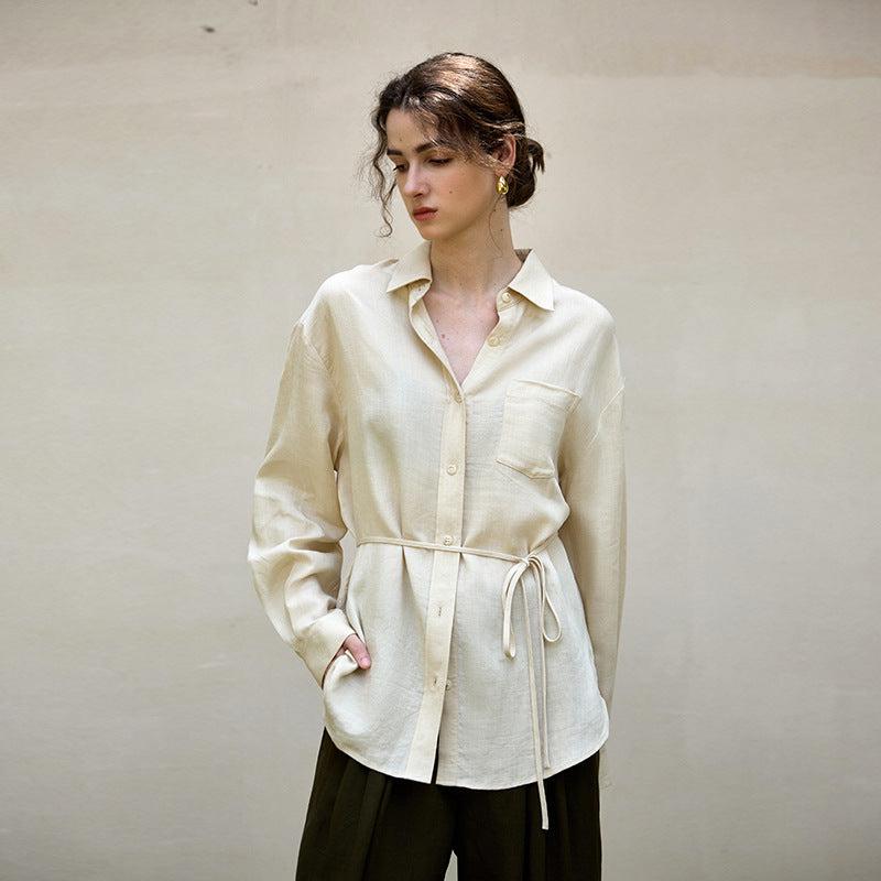 Tencel linen natural texture long-sleeved women's shirt coat autumn and winter French style temperament wind waist belt linen shirt