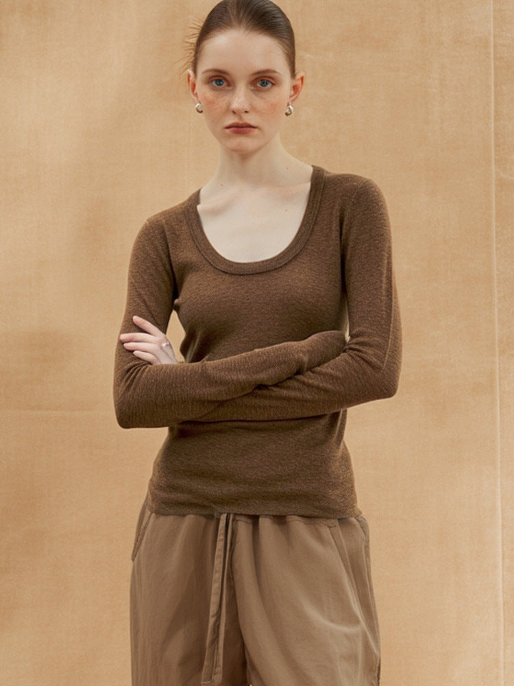 Old Qian style linen knitwear light and transparent autumn crew neck Tencel long-sleeved T-shirt stretch slim women's cotton and linen top