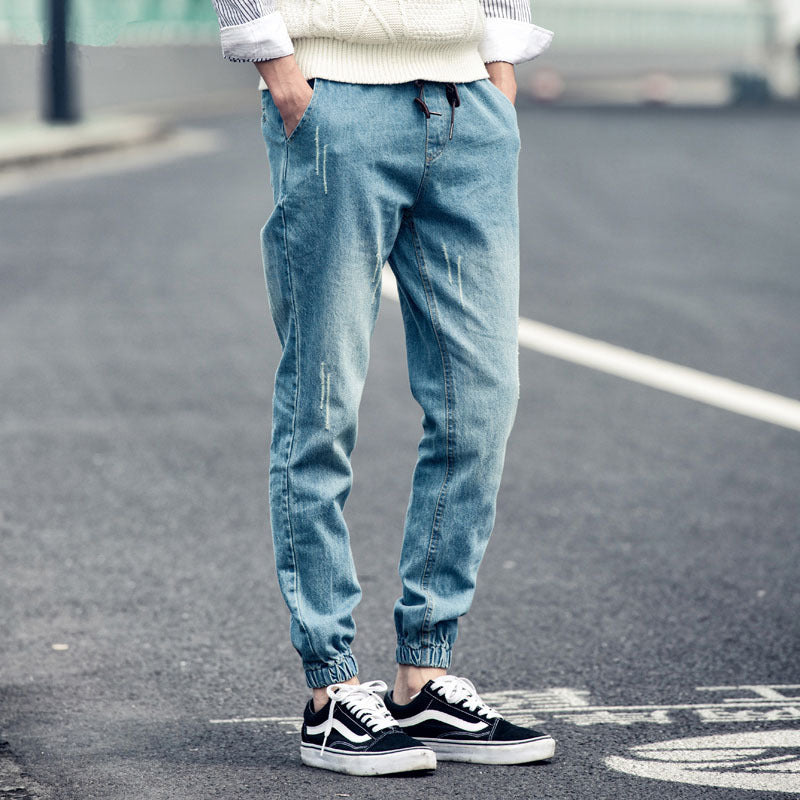 Men's jeans ankle-tied harem pants youth loose jeans autumn and winter elastic waist stretch skinny jeans