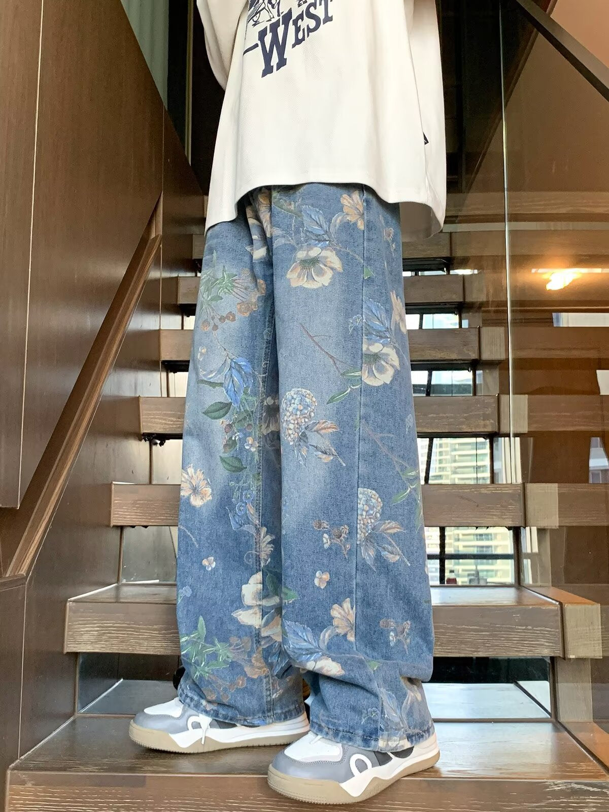 Cross-border autumn floral printed men's jeans vintage denim pants hip hop fashion wide leg loose jeans