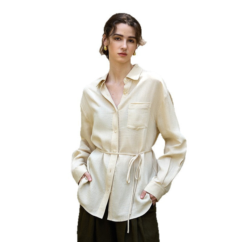 Tencel linen natural texture long-sleeved women's shirt coat autumn and winter French style temperament wind waist belt linen shirt