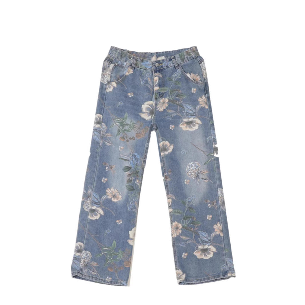 Cross-border autumn floral printed men's jeans vintage denim pants hip hop fashion wide leg loose jeans