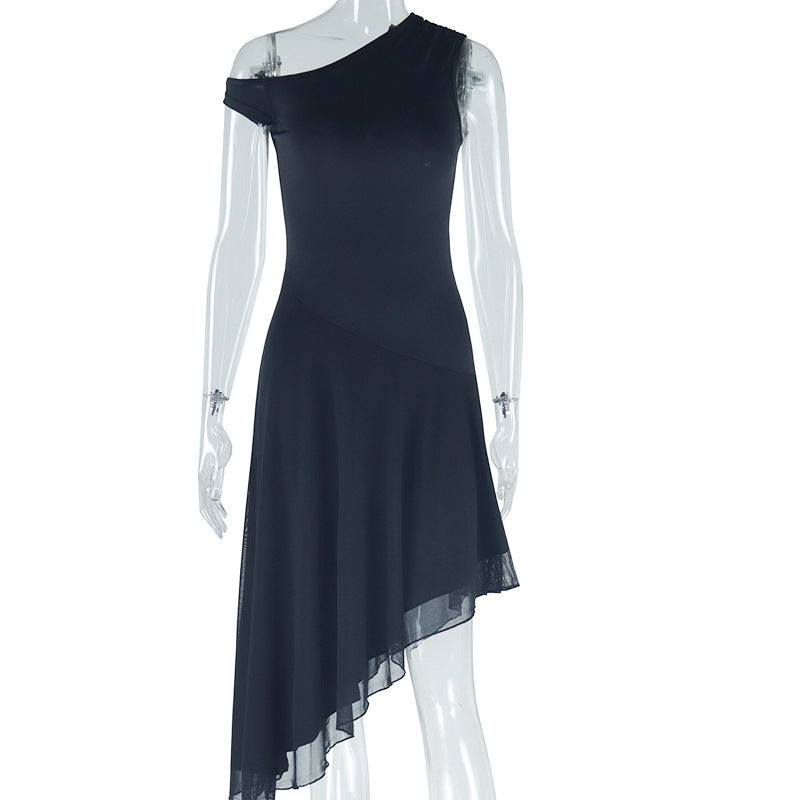 European Style Solid Color Off-Shoulder Sleeveless Irregular Dress