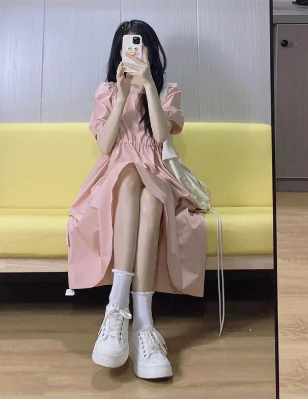 New preppy style pink square collar dress women's summer tea break French slimming temperament seaside vacation dress