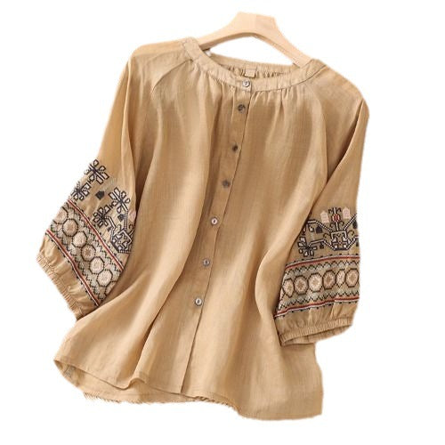 Artistic retro lantern sleeve embroidered cotton and linen shirt women's summer loose plus size temperament slimming linen Western style top