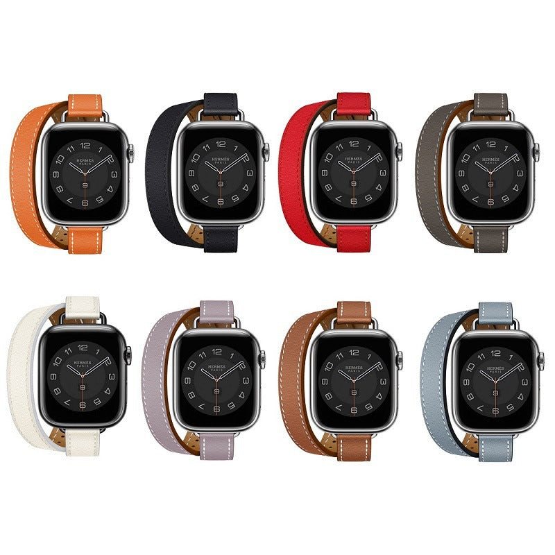 Genuine Leather slimming strap for Apple Watch iwatch8/7/6/5/4/3/SE double circle small waist strap