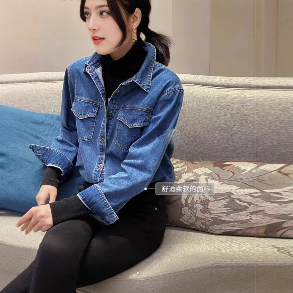 Amazon Autumn New Denim shirt Women's loose bottoming retro long sleeve bandage dress shirt coat European style tops