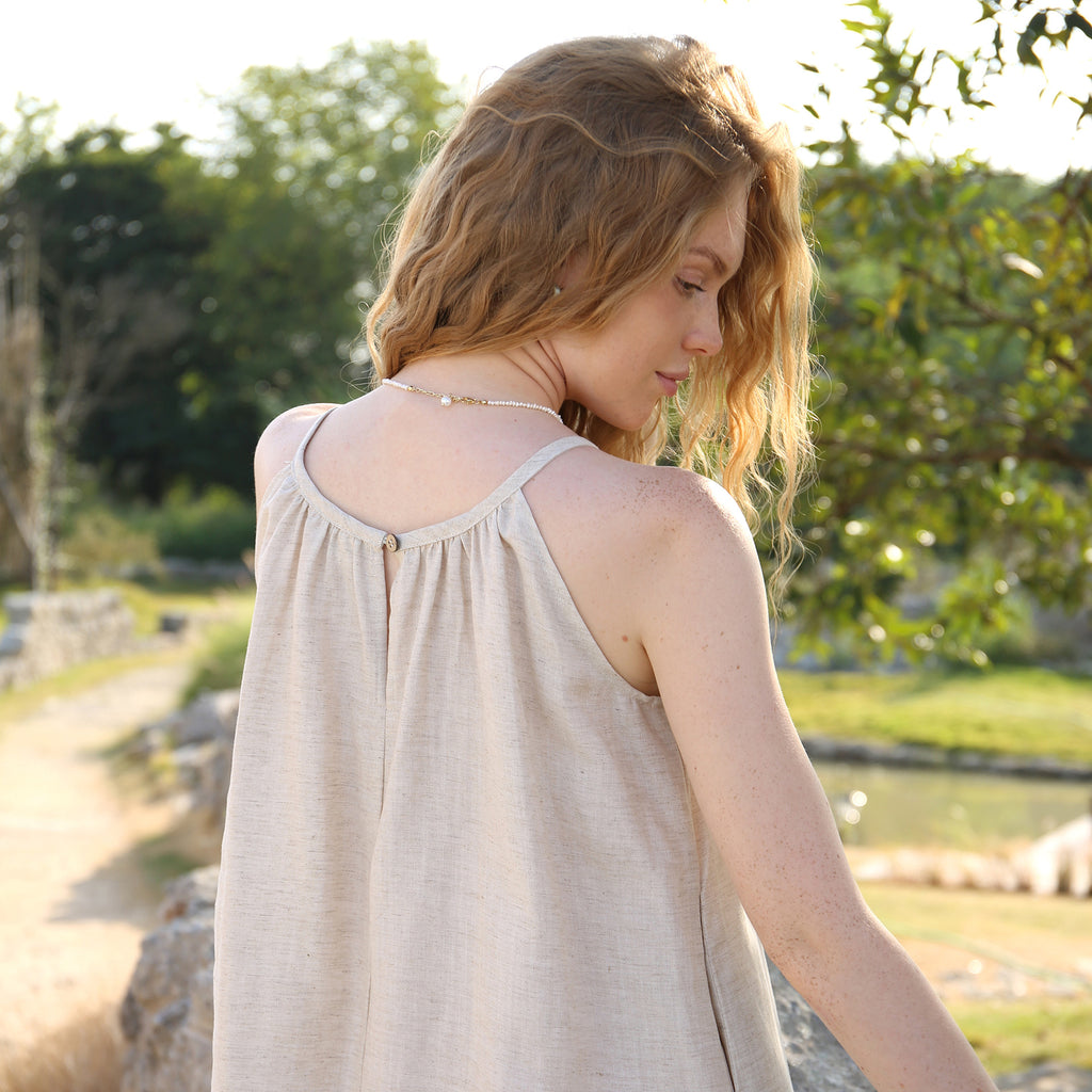French style temperament tassel design sling dress female 2025 spring/summer vacation beach Tencel linen loose long dress