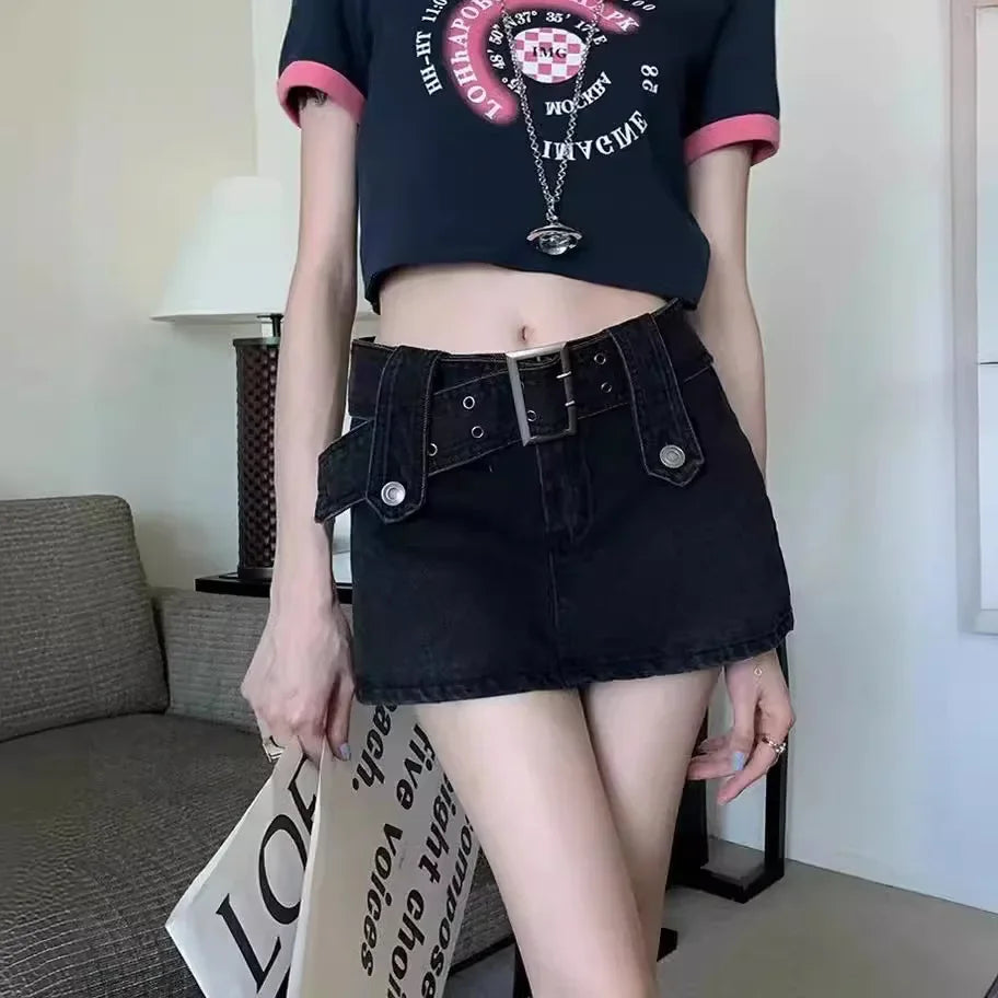 American retro Denim pantskirt women's summer sexy short skirt A- Line skirt sweet hot girl high waist package hip skirt