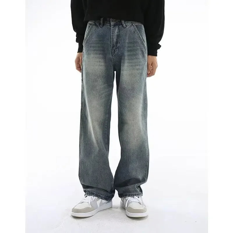 Jeans men's autumn gradient washed distressed bootcut pants high-grade Ruan handsome loose straight casual trousers