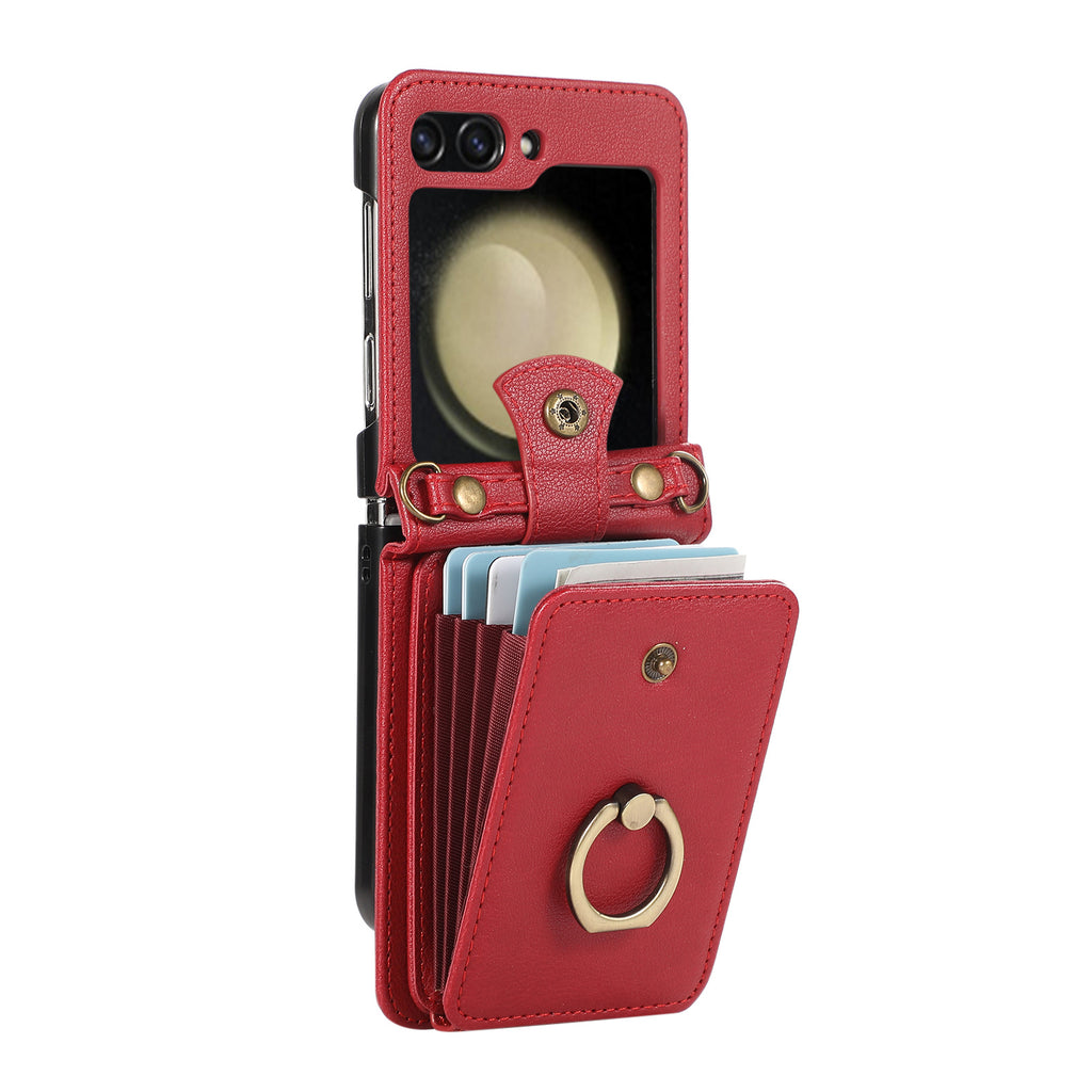 Applicable to Z FLIP5 crossbody expanding card holder foldable screen Z flip6 leather case with fastened ring anti-theft swiping function