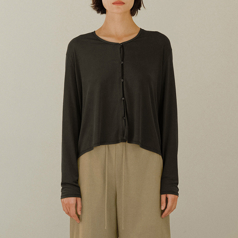 2025 spring and autumn simplicity solid color knitted cardigan pure cotton soft breathable round neck lightweight soft jacket long-sleeved women's clothing