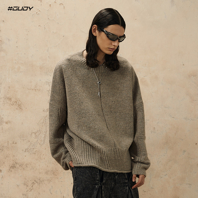 # OVDY autumn and winter New lazy wind round neck sweater curling design soft glutinous simple style solid color sweater fashion