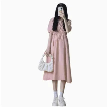 New preppy style pink square collar dress women's summer tea break French slimming temperament seaside vacation dress