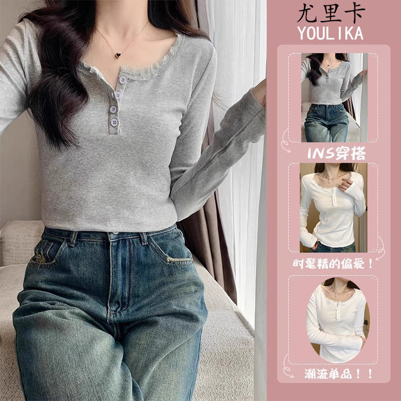American-style lace lace shoulder long-sleeved T-shirt women's early autumn new square collar inner match slimming top bottoming shirt