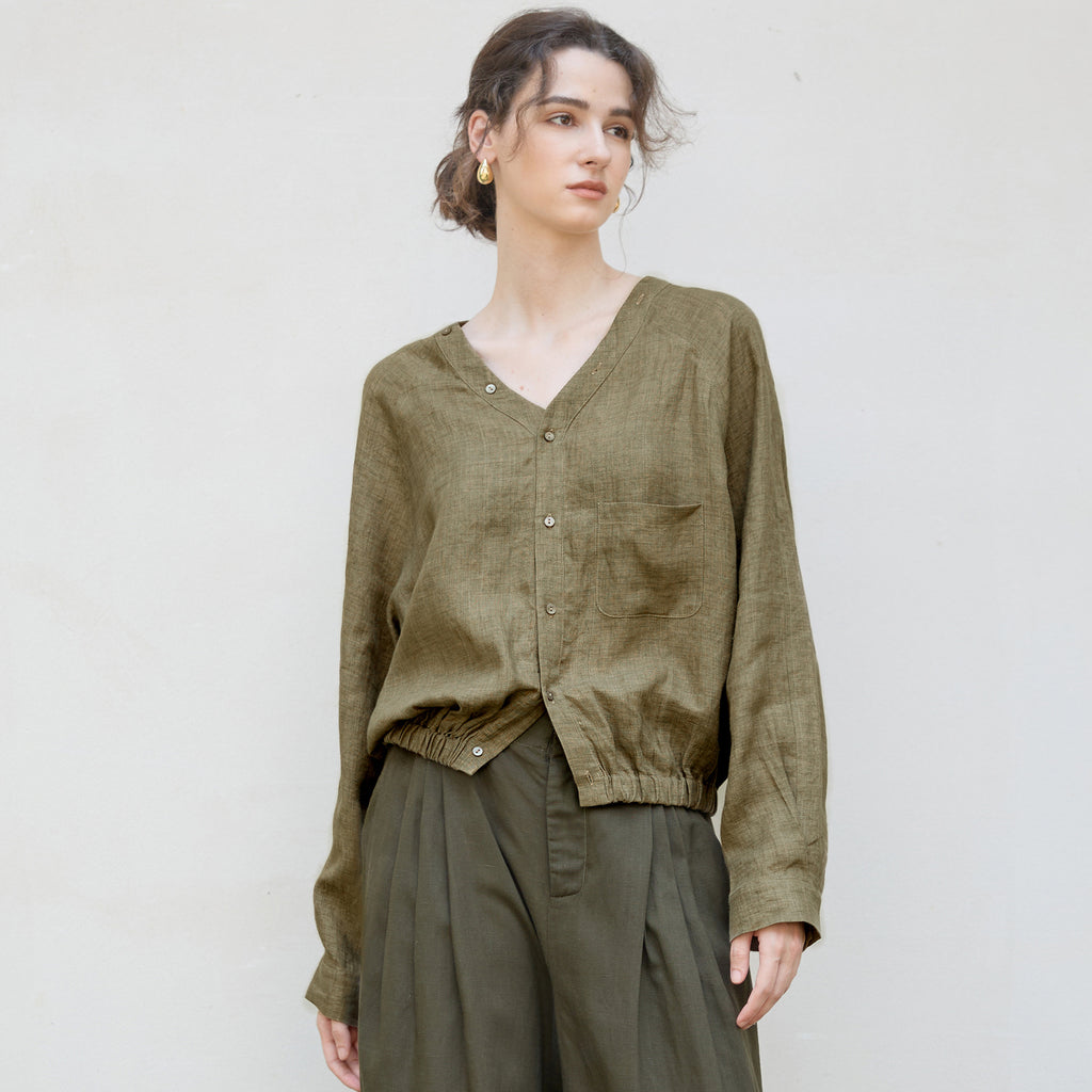 Autumn New all linen V-neck Raglan long-sleeved shirt yarn-dyed craft loose cocoon design old money style shirt