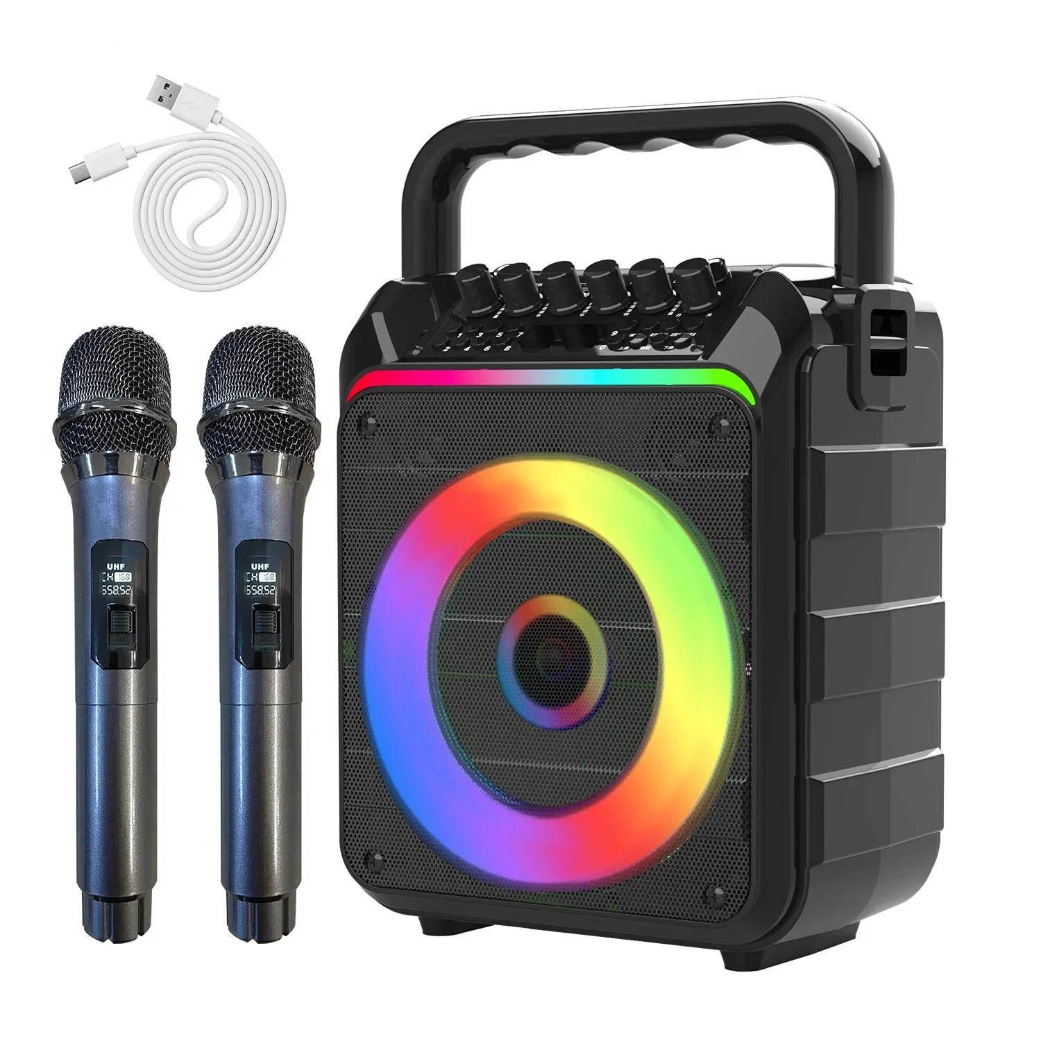 2024 new cross-border portable speaker outdoor KTV microphone Bluetooth integrated machine with dual wireless microphone
