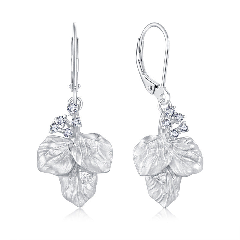 Retro distressed leaf-shaped earring S925 silver female zircon ear hook ear rings foreign trade cross-border jewelry silver accessories processing